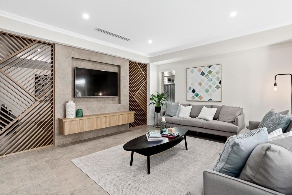Contemporary formal enclosed living room in Perth with beige walls, a wall mounted tv, beige floors and feature lighting.