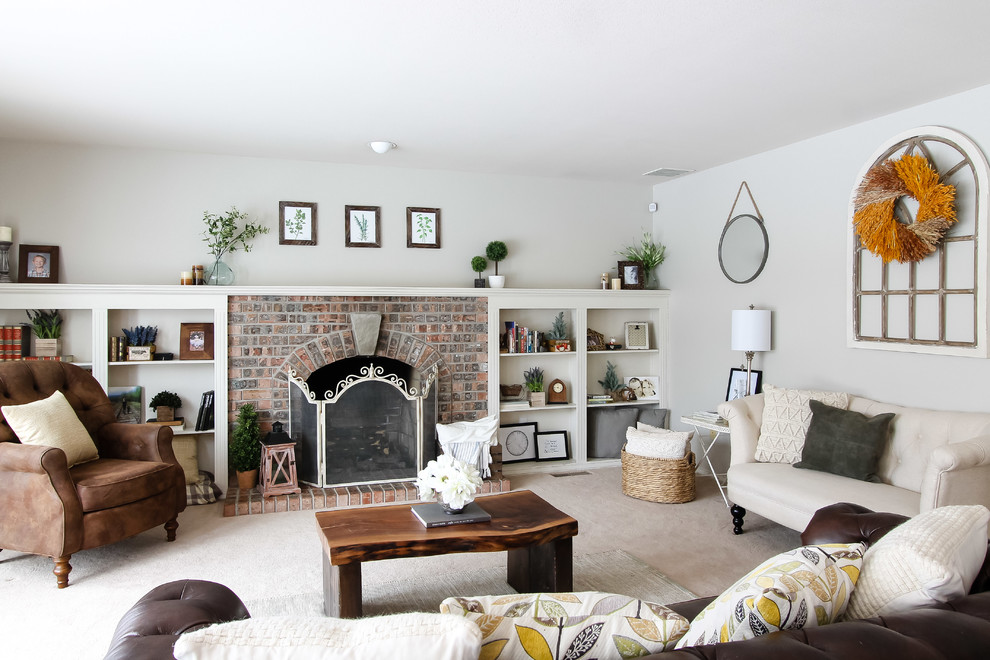 This is an example of a medium sized rural formal open plan living room in Seattle with grey walls, carpet, a standard fireplace, a brick fireplace surround and no tv.