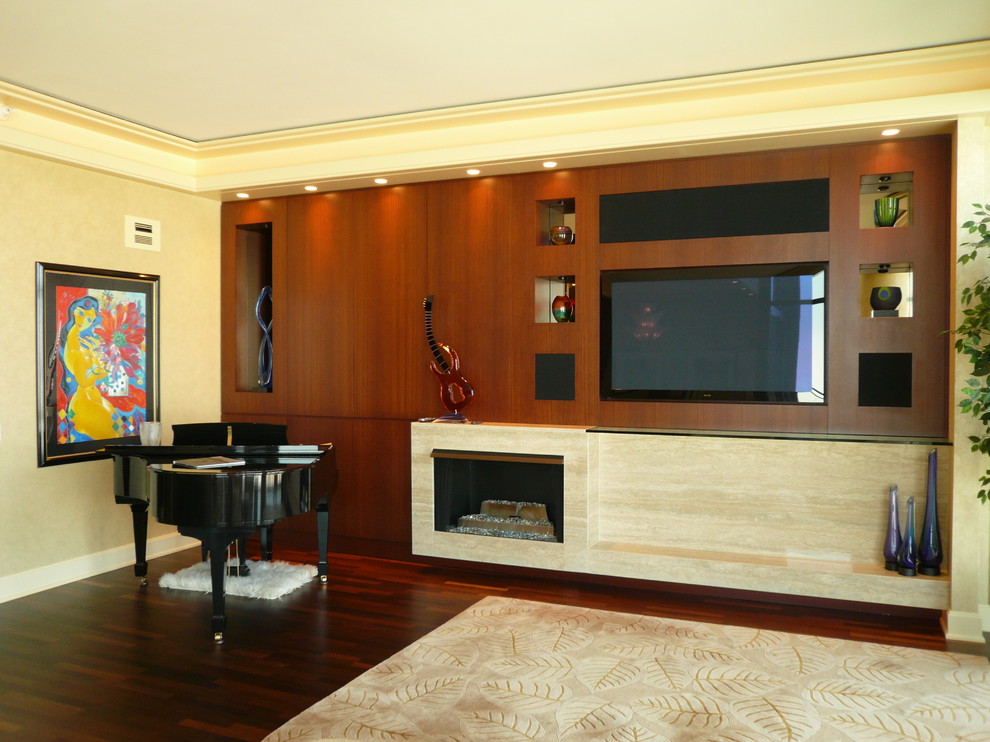 Photo of a contemporary living room feature wall in Chicago with a music area and a built-in media unit.