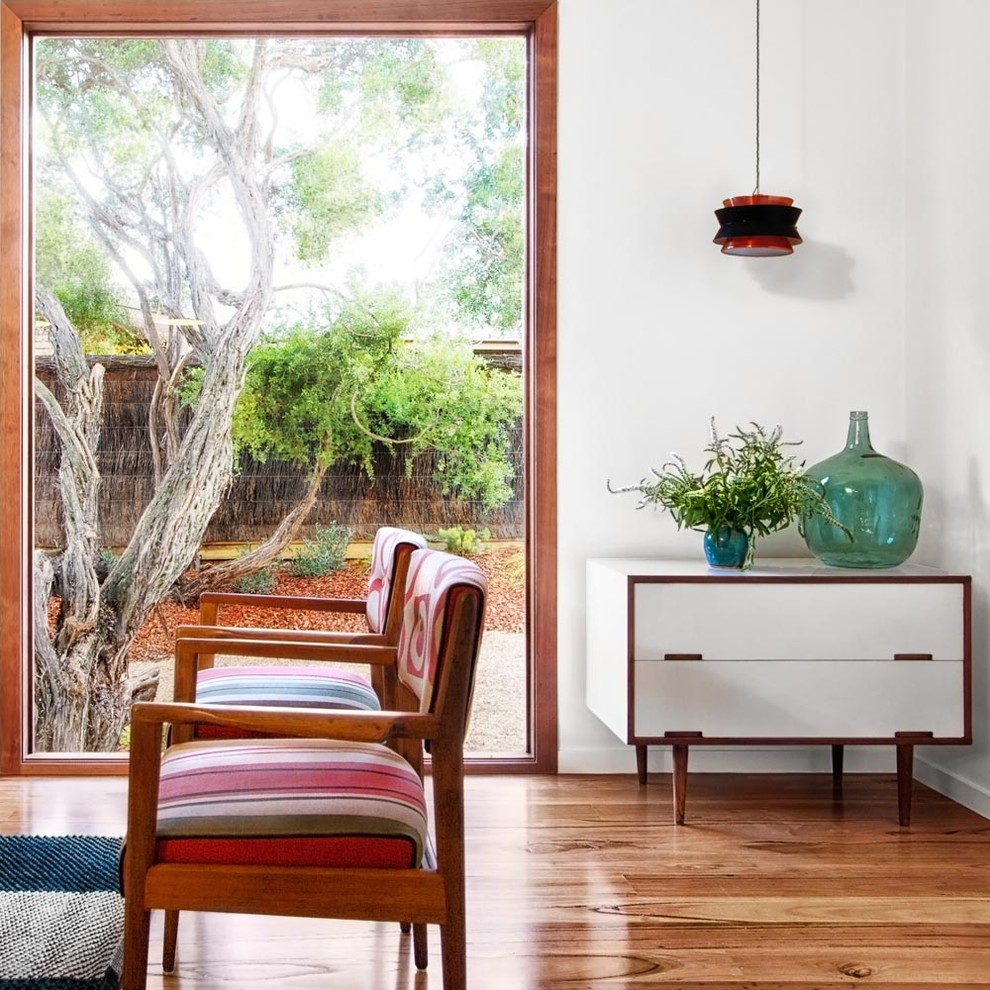 Modernes Wohnzimmer mit weißer Wandfarbe, hellem Holzboden, Kamin und Kaminumrandung aus Metall in Melbourne