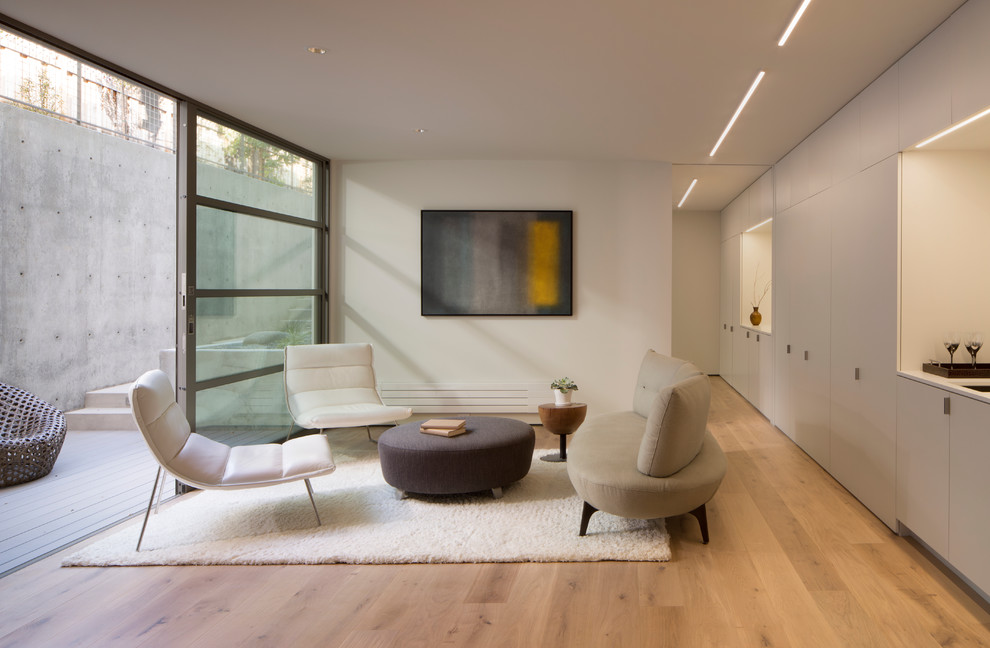 This is an example of a modern formal living room in San Francisco with light hardwood flooring and no tv.