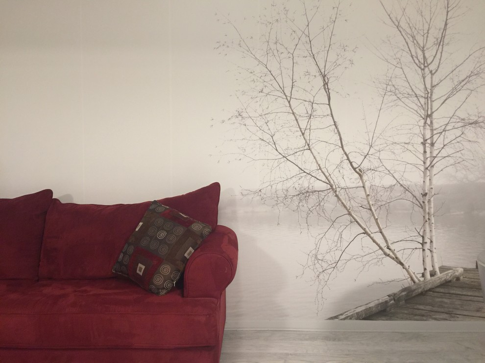 Immagine di un soggiorno scandinavo di medie dimensioni e aperto con pareti bianche