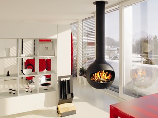 Modern Wood Burning Stove with Accessories and Red Gloves Next To it. Wood  Burning Stove with Orange Yellow Flames Stock Photo - Image of glowing,  home: 199860238