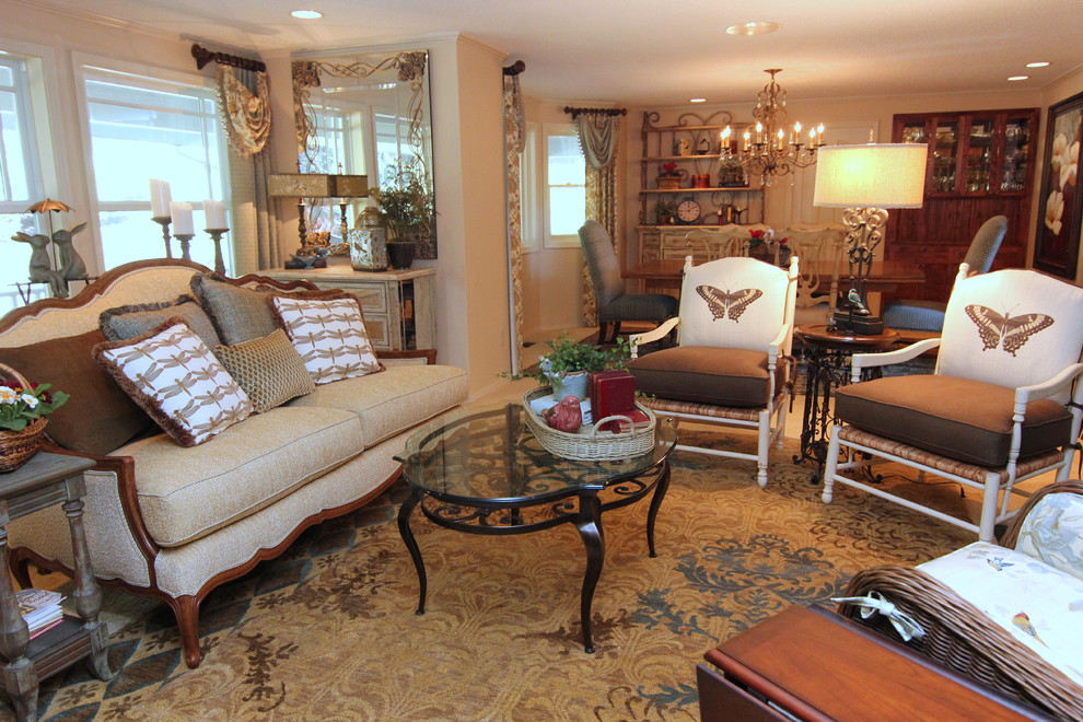 Foto di un grande soggiorno aperto con sala formale, pareti beige, moquette, nessun camino e nessuna TV