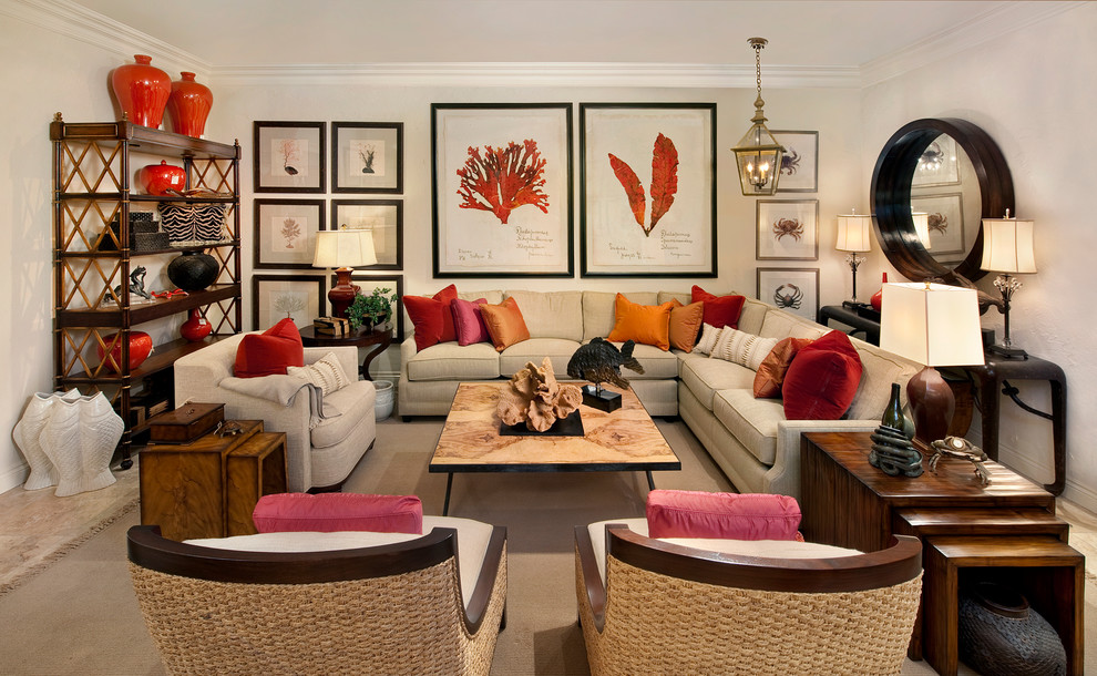 Large trendy formal and open concept carpeted and beige floor living room photo in Miami with white walls, no fireplace and no tv
