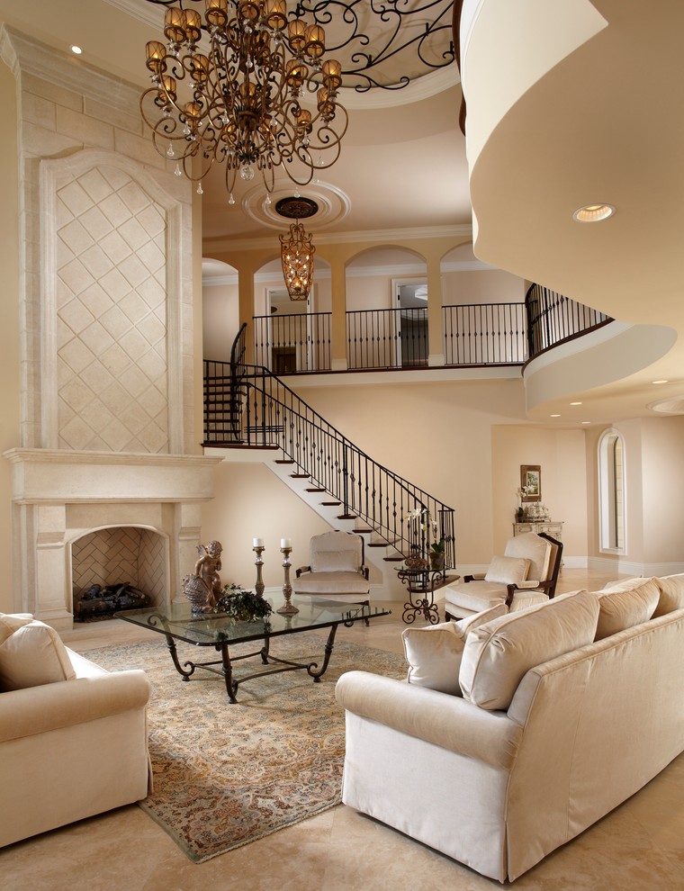 Example of a tuscan living room design in Miami with a standard fireplace