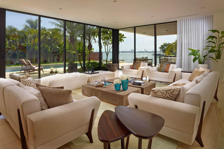 Expansive midcentury formal open plan living room in Miami.