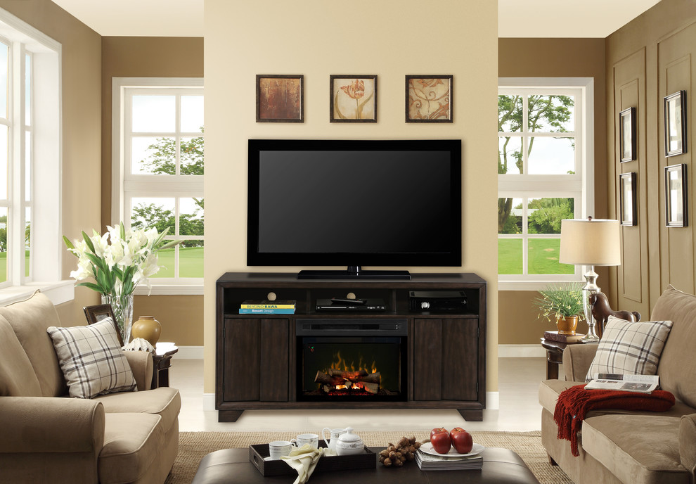 Photo of a contemporary living room in Toronto with a freestanding tv.