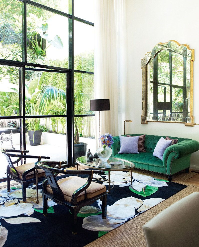 Стильный дизайн: открытая гостиная комната среднего размера в современном стиле с ковровым покрытием - последний тренд