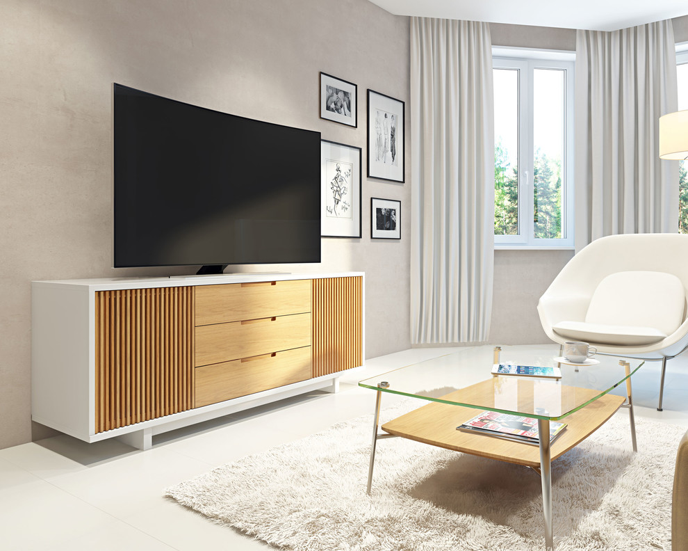 Immagine di un soggiorno contemporaneo di medie dimensioni con pavimento con piastrelle in ceramica e TV autoportante