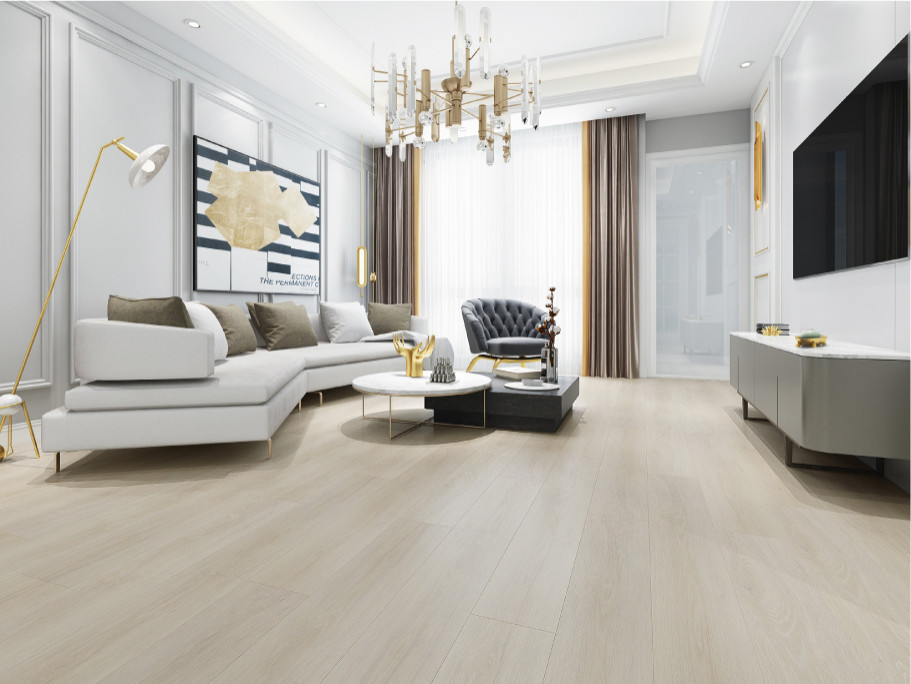 Imagen de salón minimalista con suelo vinílico y suelo beige