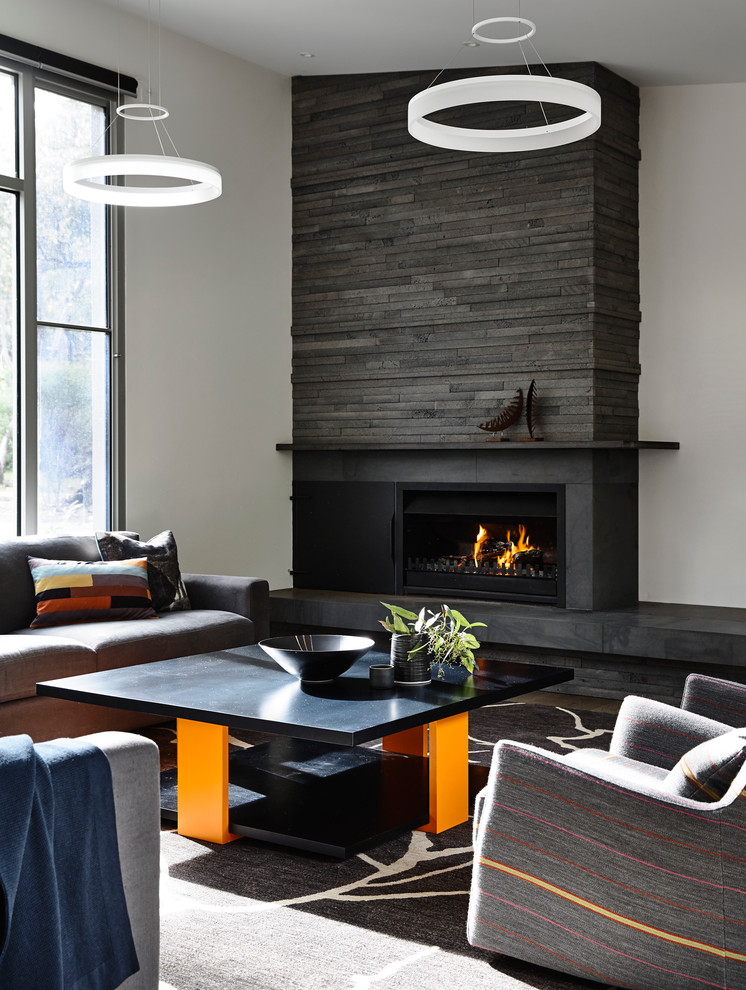 メルボルンにあるラグジュアリーな広いトランジショナルスタイルのおしゃれなLDK (白い壁、カーペット敷き、石材の暖炉まわり、横長型暖炉、ガラス張り) の写真