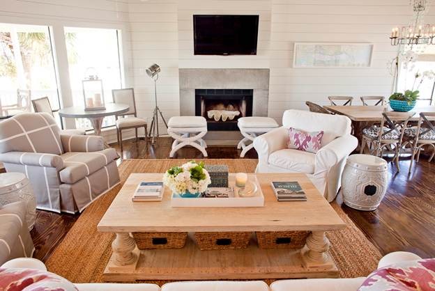Beach style living room photo in Houston