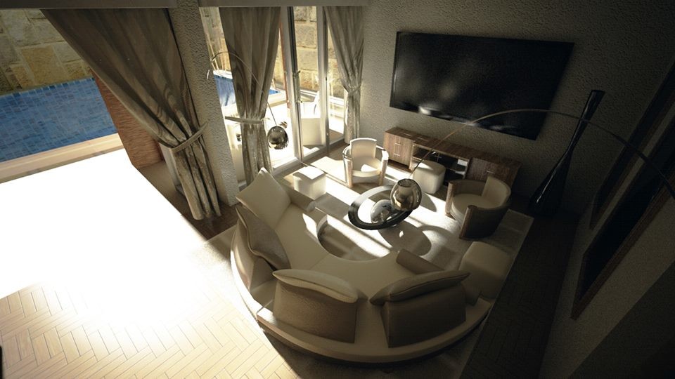 Cette photo montre un salon exotique de taille moyenne avec un bar de salon, un mur beige, un sol en bois brun et un téléviseur fixé au mur.