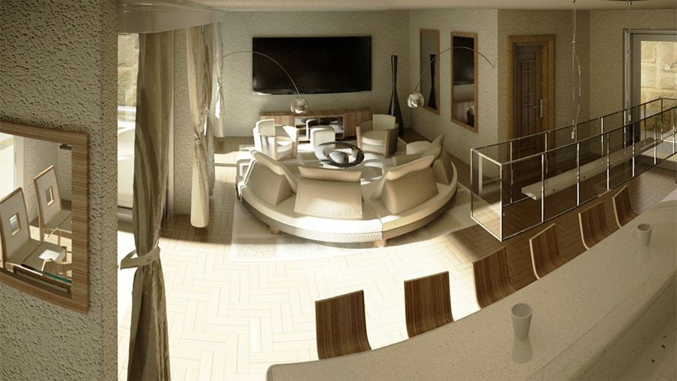 Immagine di un soggiorno tropicale di medie dimensioni con angolo bar, pareti beige, pavimento in legno massello medio e TV a parete
