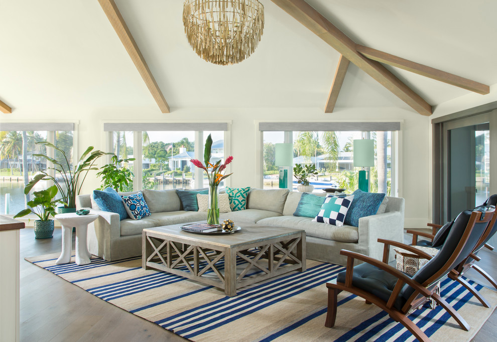 Inspiration for a large coastal open concept medium tone wood floor living room remodel in Miami with white walls, no fireplace and no tv