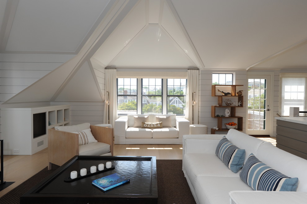 Design ideas for a beach style living room in Boston.