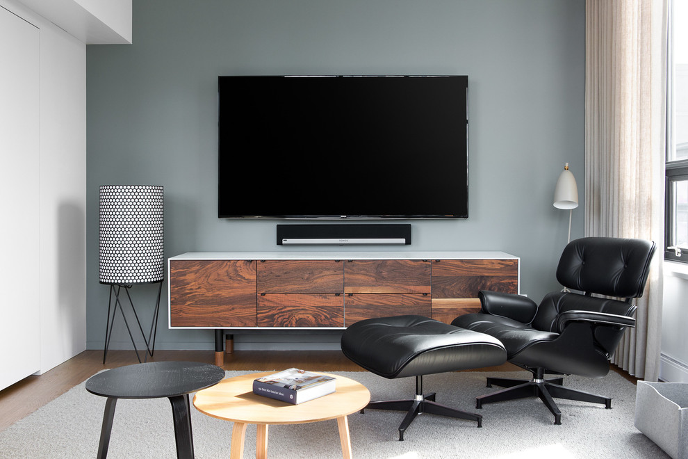 Immagine di un piccolo soggiorno minimalista con pareti grigie, pavimento in legno massello medio, TV a parete e nessun camino