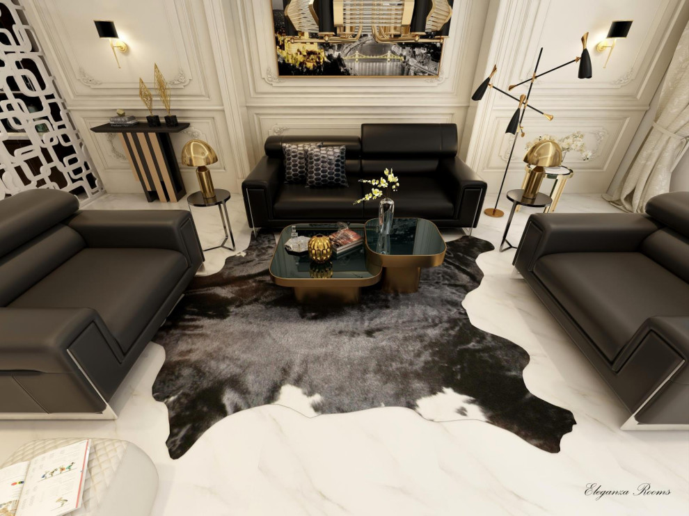 Imagen de salón tipo loft minimalista con paredes beige, suelo de mármol y suelo blanco