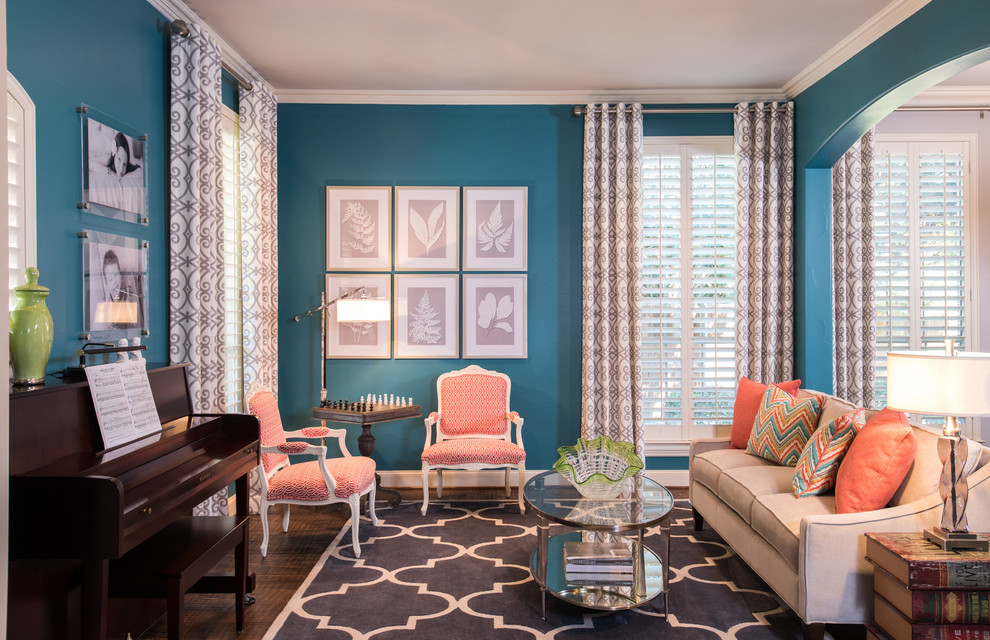 Inspiration for a small classic grey and teal open plan living room in Dallas with a music area, blue walls, dark hardwood flooring, no tv and brown floors.