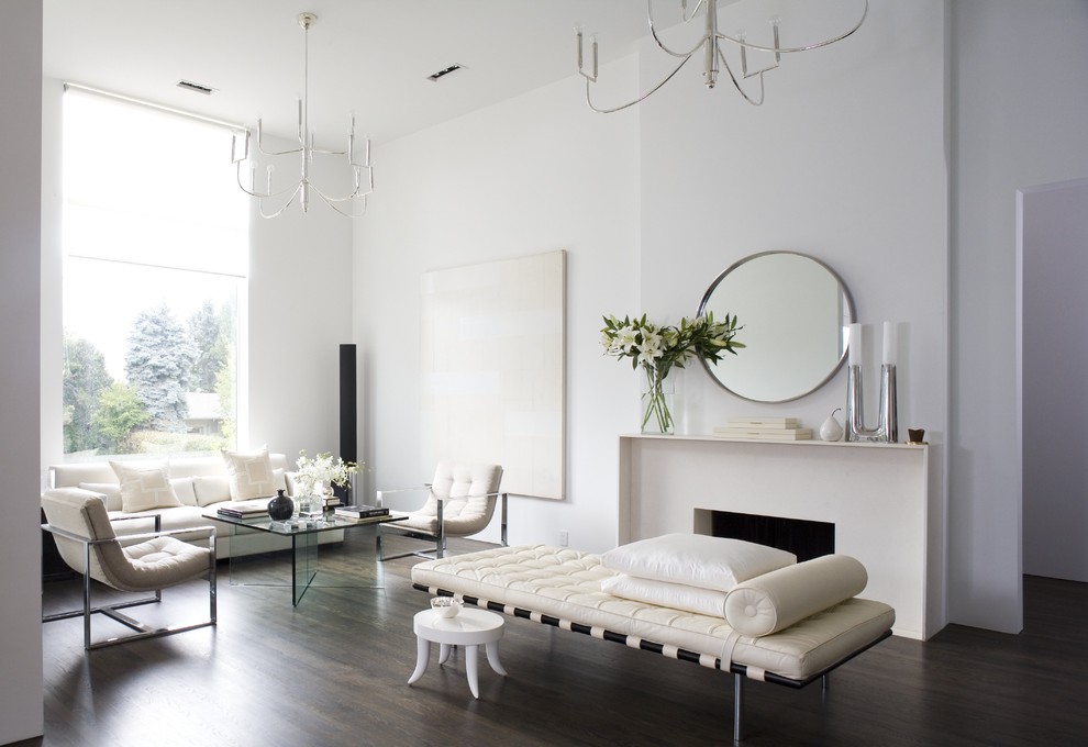 Inspiration for a modern living room in Denver with white walls and dark hardwood flooring.