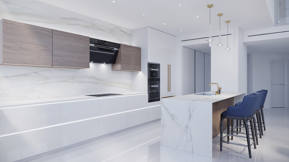 Foto di una cucina design di medie dimensioni con pavimento in gres porcellanato e pavimento bianco