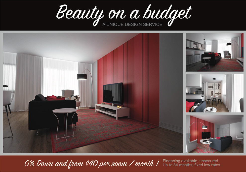 Пример оригинального дизайна: парадная, открытая гостиная комната среднего размера в современном стиле с красными стенами, паркетным полом среднего тона и отдельно стоящим телевизором без камина