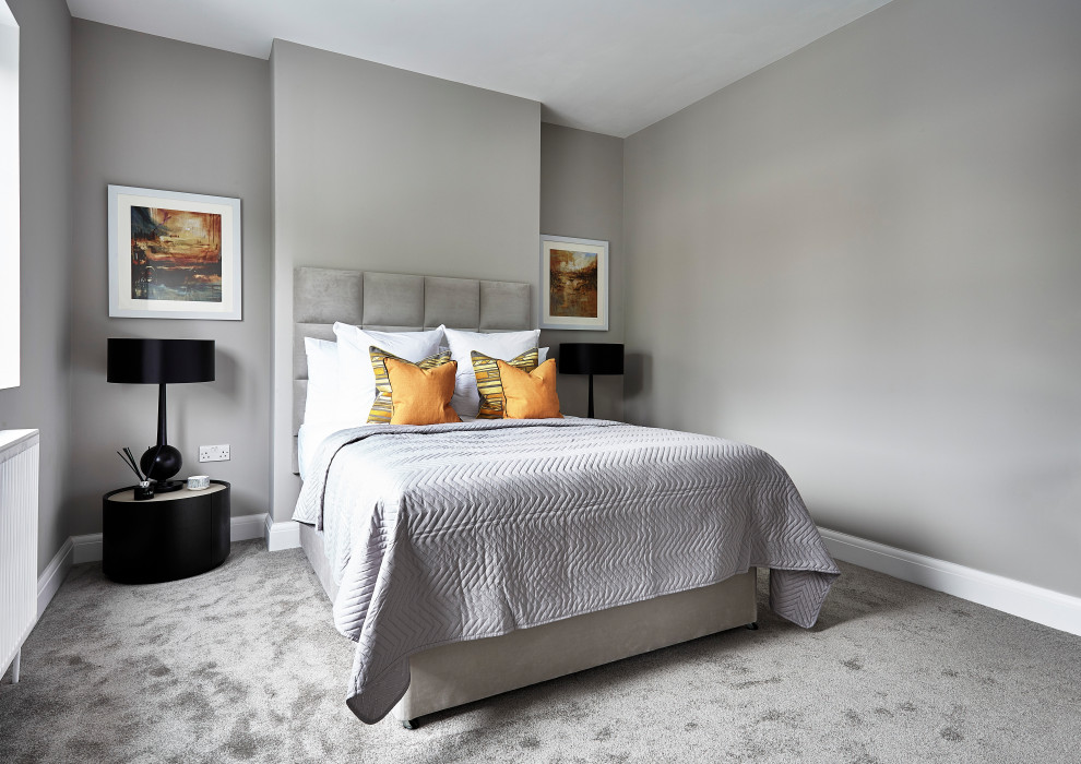 Inspiration för moderna vardagsrum, med grå väggar, heltäckningsmatta och grått golv