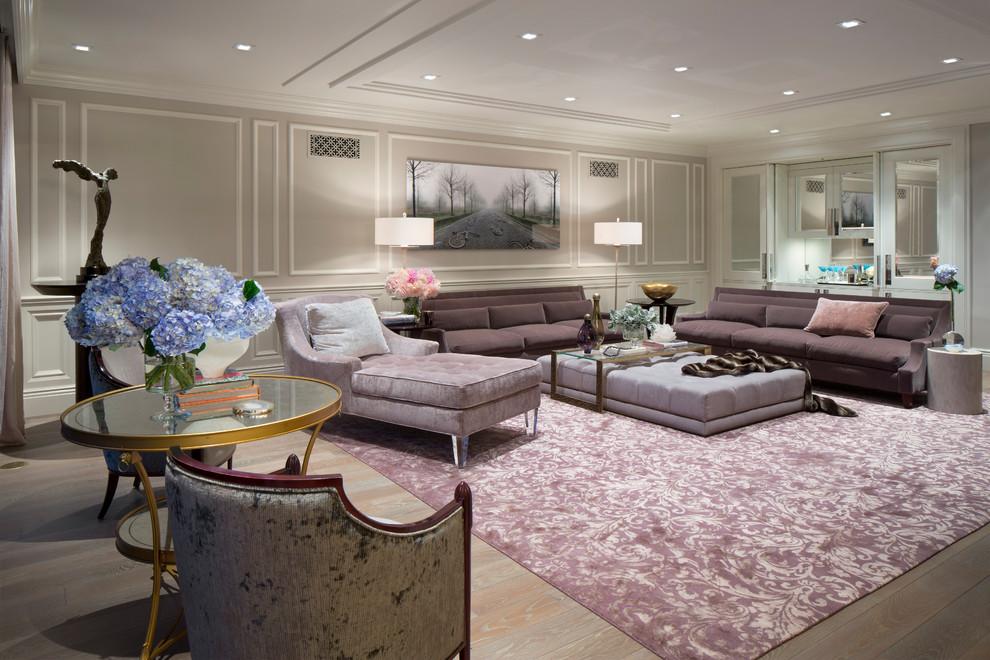 This is an example of a traditional formal and grey and purple living room in Los Angeles with grey walls.