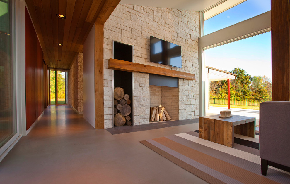 Cette image montre un salon minimaliste avec sol en béton ciré.