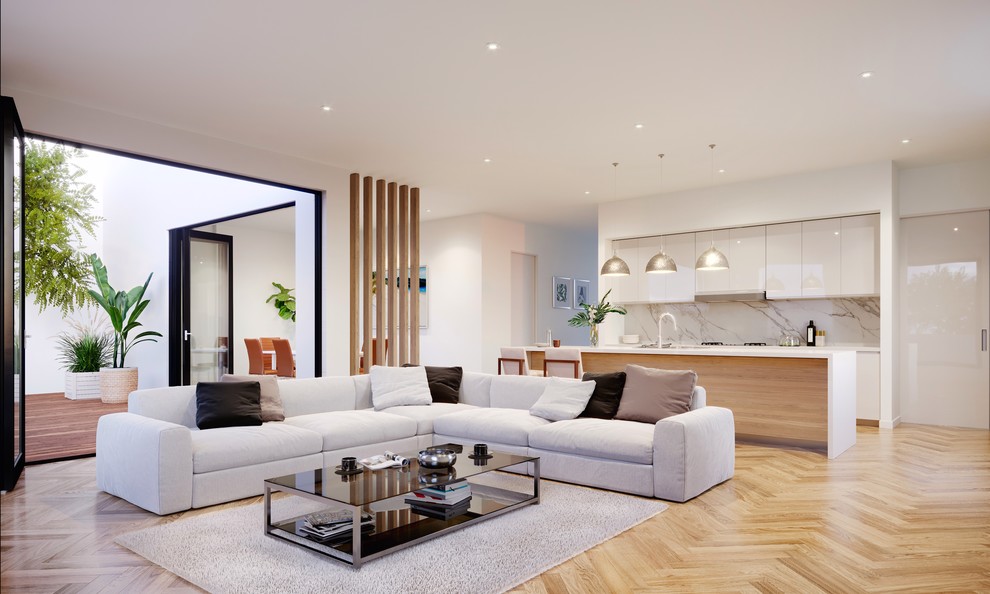 Mittelgroßes, Offenes Modernes Wohnzimmer mit weißer Wandfarbe, hellem Holzboden und beigem Boden in Melbourne