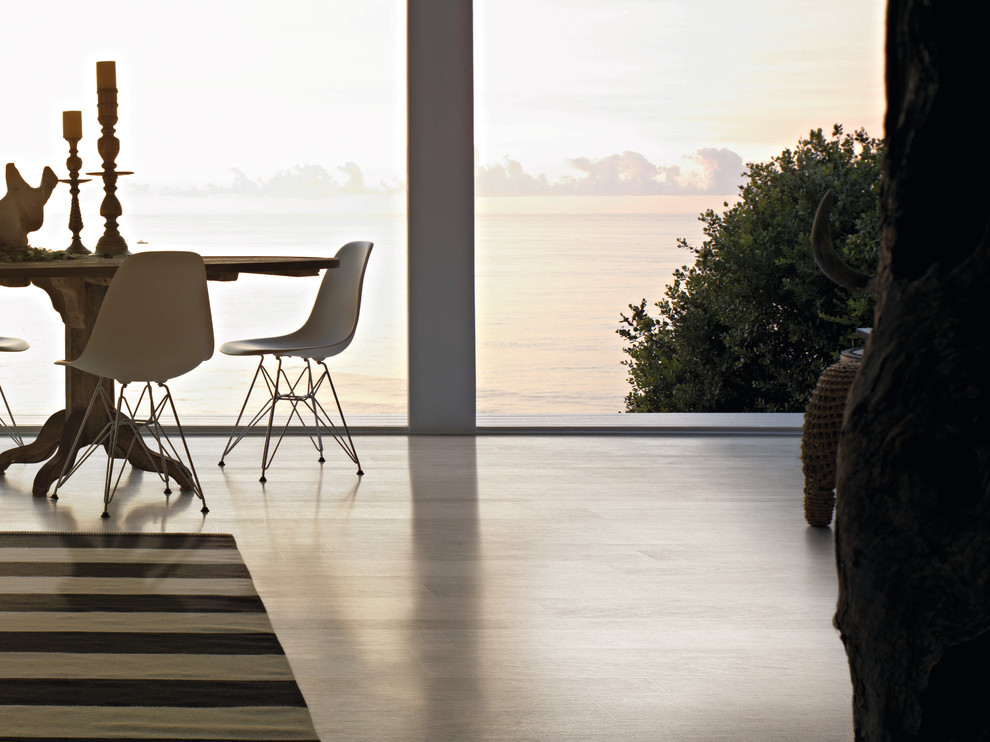 Immagine di un grande soggiorno moderno con pavimento in gres porcellanato