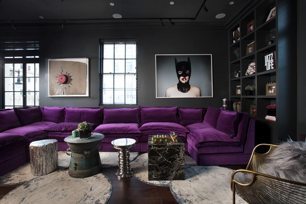 Design ideas for a medium sized bohemian grey and purple enclosed living room in London with black walls, dark hardwood flooring and brown floors.