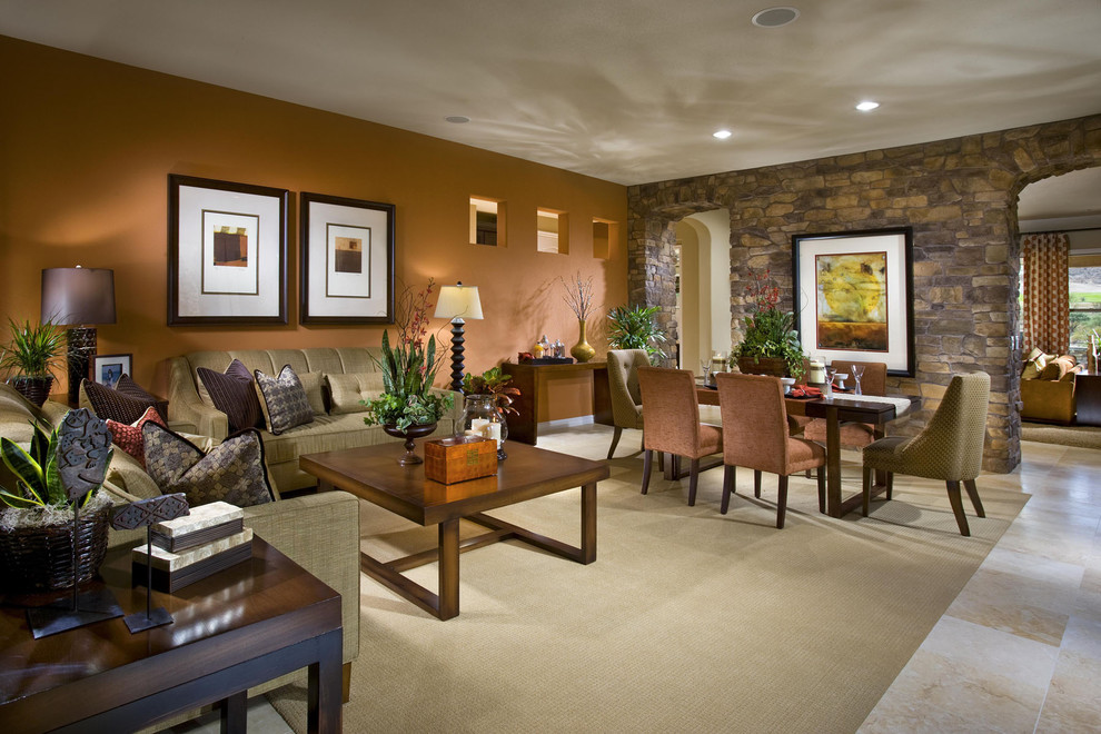 Mid-sized trendy formal and open concept ceramic tile and beige floor living room photo in Las Vegas with orange walls and no fireplace