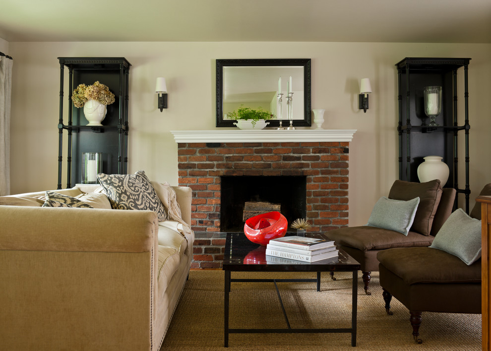 Traditional formal living room in Seattle with beige walls, a standard fireplace and a brick fireplace surround.