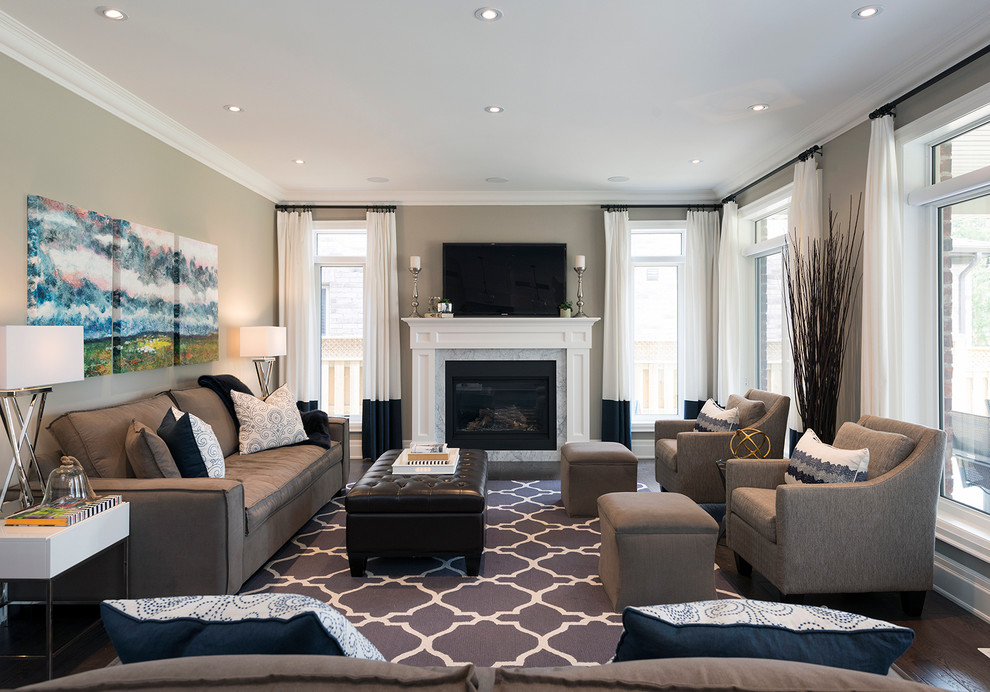 Large transitional formal and open concept dark wood floor living room photo in Toronto with gray walls, a standard fireplace, a stone fireplace and a wall-mounted tv