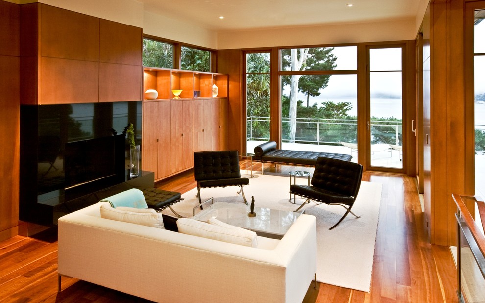 Ejemplo de salón para visitas abierto contemporáneo con suelo de madera en tonos medios y chimenea lineal