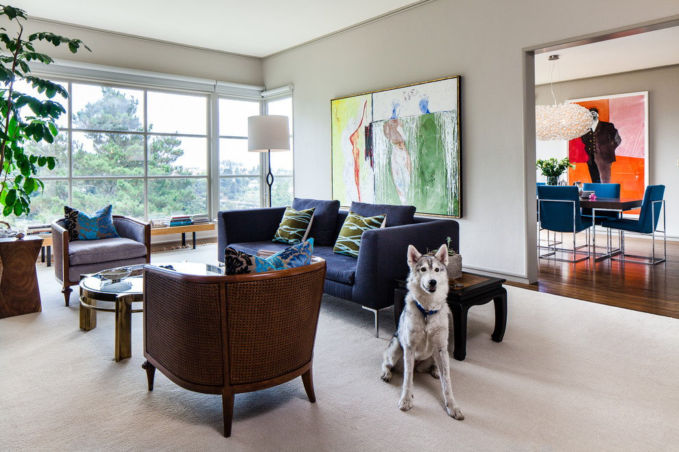 Example of a trendy living room design in San Francisco with gray walls