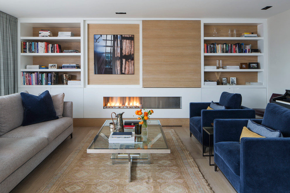 Example of a trendy light wood floor living room library design in London with white walls and a ribbon fireplace