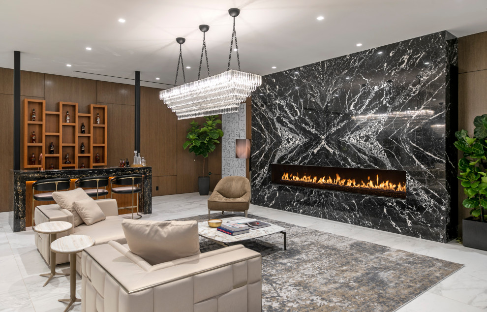 Design ideas for a large contemporary open plan living room in Los Angeles with a home bar, brown walls, porcelain flooring, a ribbon fireplace, a tiled fireplace surround, no tv and grey floors.