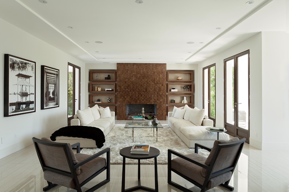 Example of a large trendy formal and enclosed living room design in Los Angeles with white walls, a ribbon fireplace and no tv