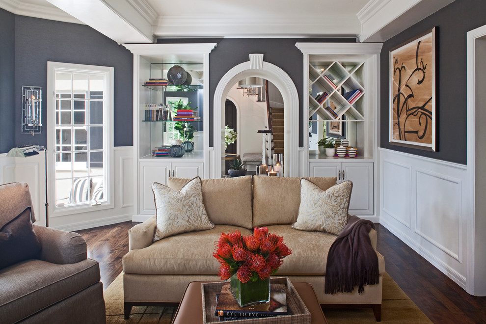 Example of a transitional living room design in Los Angeles with gray walls