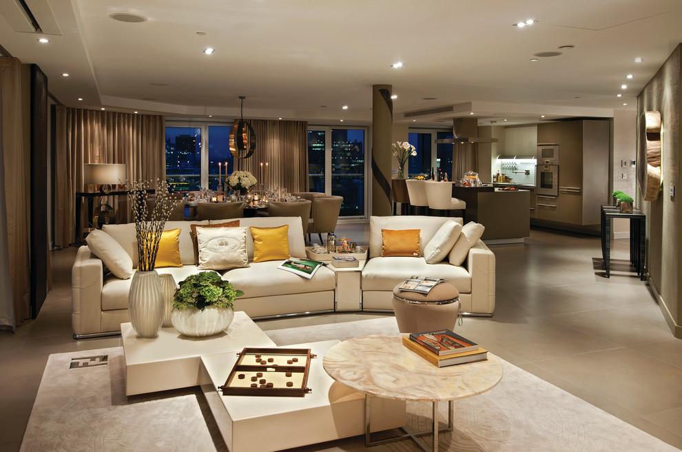 Design ideas for a contemporary formal open plan living room in London with beige walls.