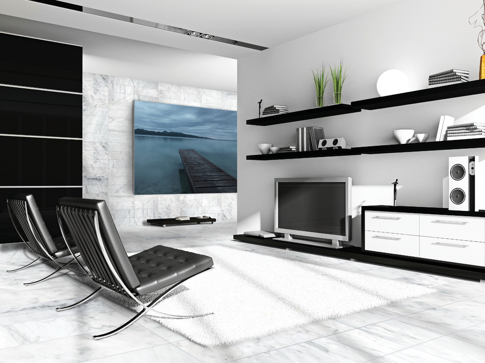 Immagine di un soggiorno minimalista di medie dimensioni e chiuso con pareti bianche, pavimento in marmo, nessun camino e parete attrezzata
