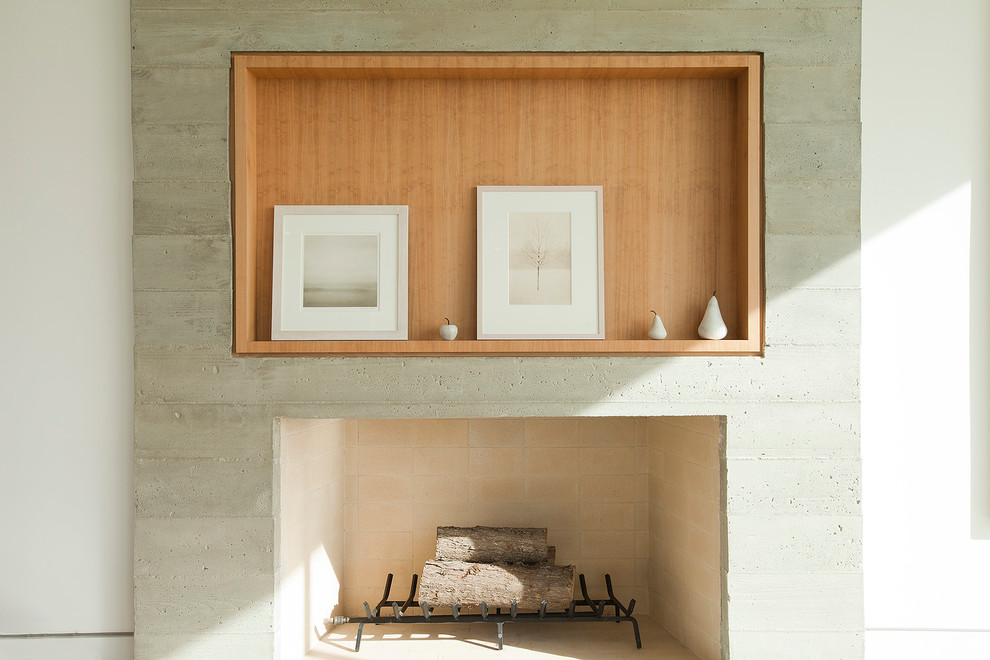 Repräsentatives Maritimes Wohnzimmer mit weißer Wandfarbe, braunem Holzboden, Kamin und Kaminumrandung aus Beton in Los Angeles