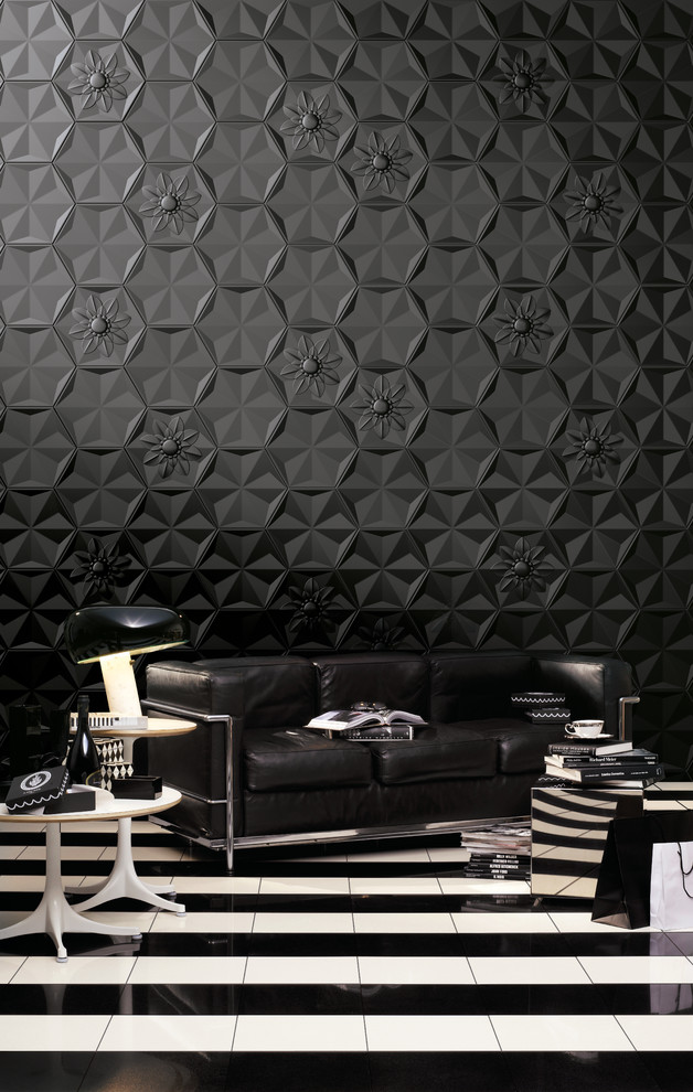 Modernes Wohnzimmer mit schwarzer Wandfarbe und Porzellan-Bodenfliesen in Orange County