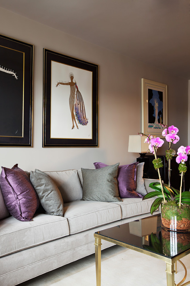Example of a trendy living room design in New York with gray walls