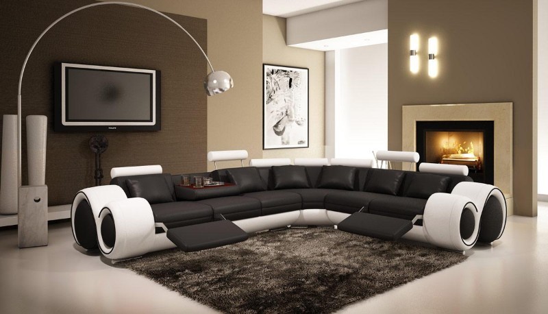 Black White Leather Sectional Sofa, Curved Leather Reclining Sectional Sofa