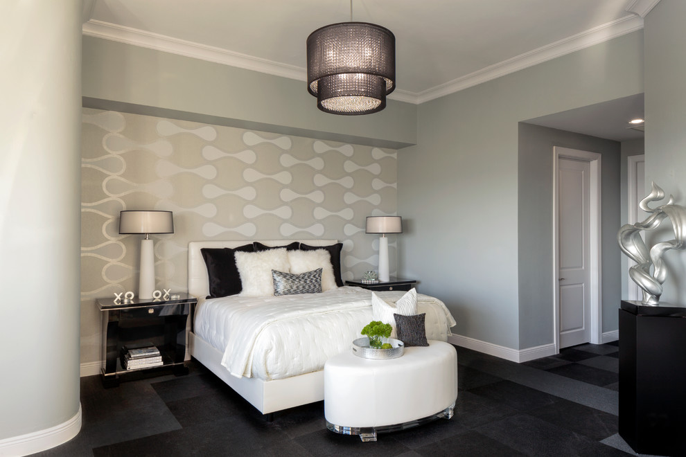 На фото: открытая гостиная комната среднего размера в современном стиле с серыми стенами, полом из керамической плитки и отдельно стоящим телевизором