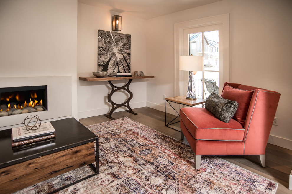 Offenes Modernes Wohnzimmer mit weißer Wandfarbe, hellem Holzboden, Kamin und TV-Wand in Sonstige
